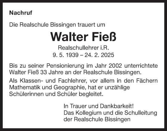 Traueranzeige von Walter Fieß von Bietigheimer Zeitung