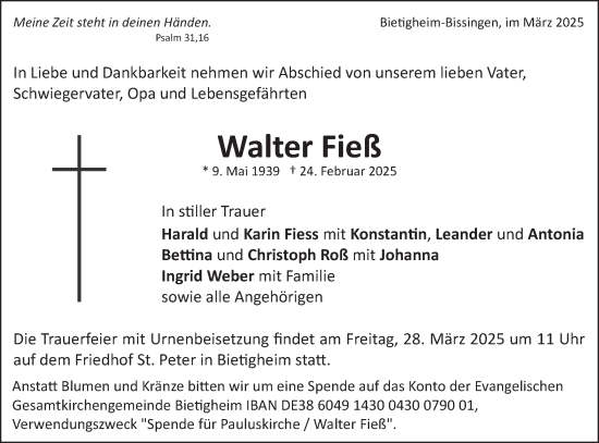 Traueranzeige von Walter Fieß von Bietigheimer Zeitung