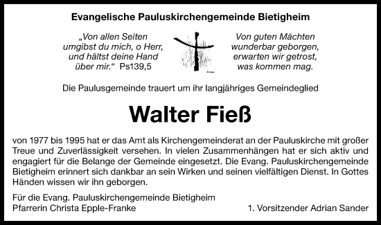 Traueranzeige von Walter Fieß von Bietigheimer Zeitung