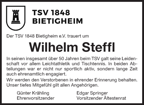 Traueranzeige von Wilhelm Steffl von Bietigheimer Zeitung