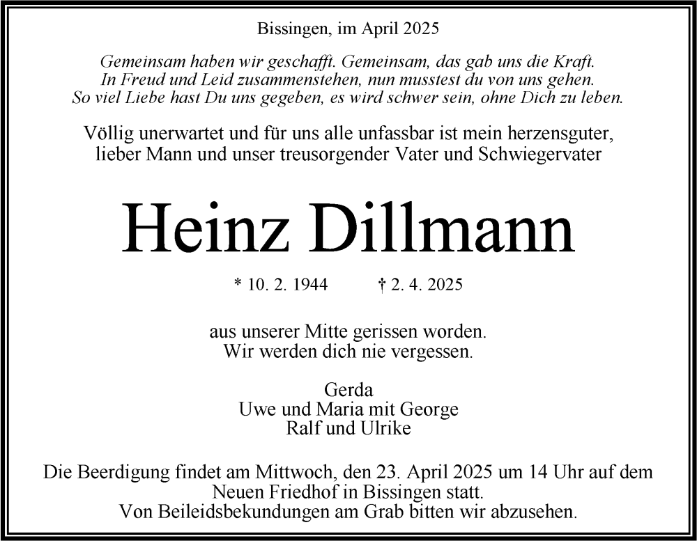  Traueranzeige für Heinz Dillmann vom 19.04.2025 aus Bietigheimer Zeitung