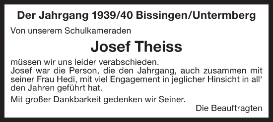 Traueranzeige von Josef Theiss von Bietigheimer Zeitung