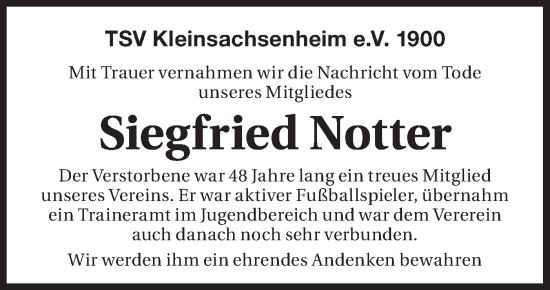 Traueranzeige von Siegfried Notter von Bietigheimer Zeitung