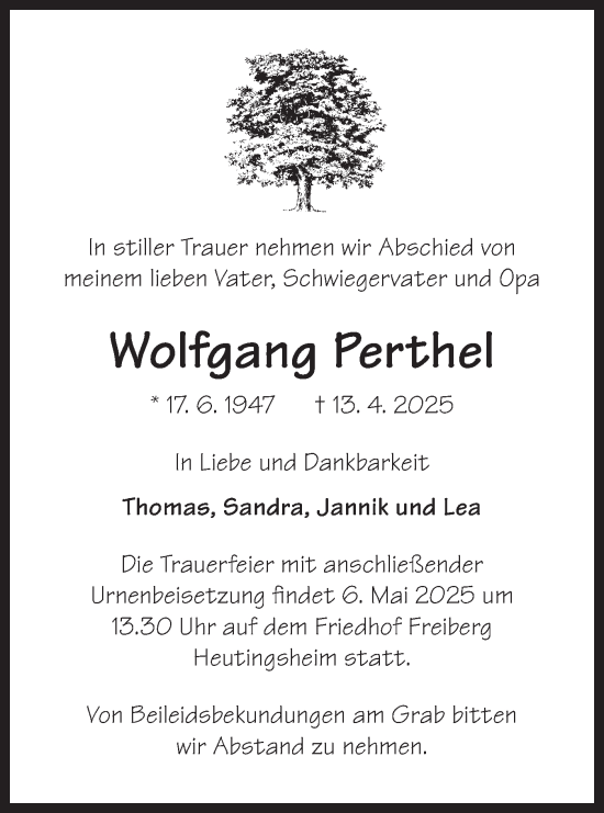 Traueranzeige von Wolfgang Perthel von Bietigheimer Zeitung