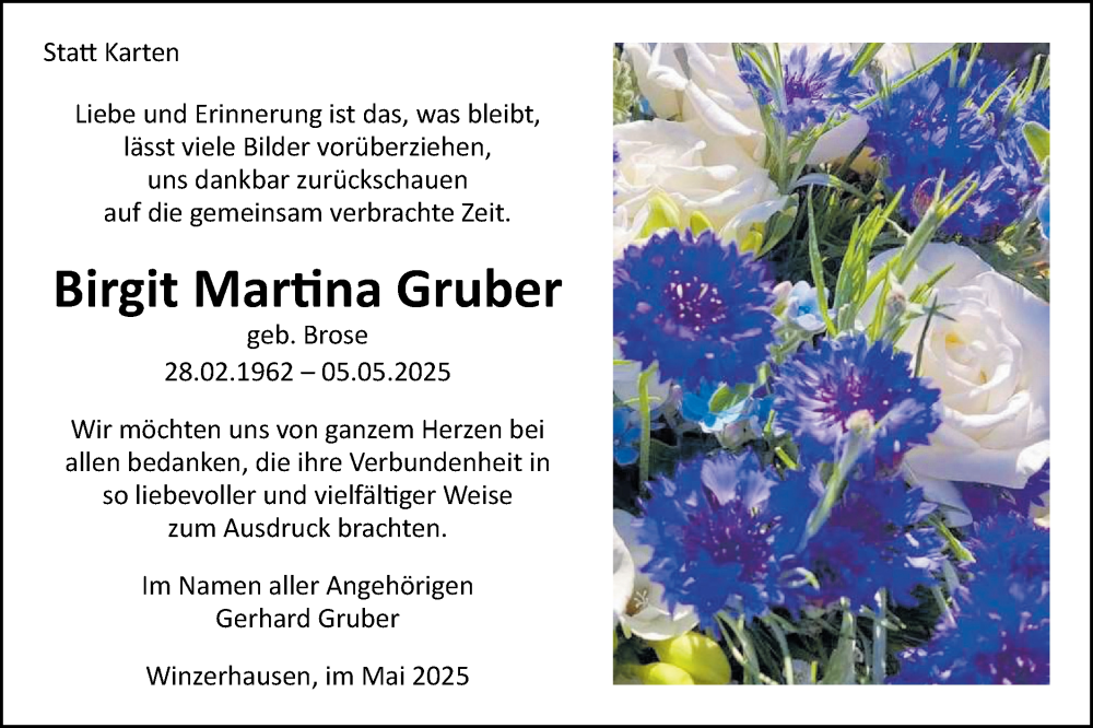  Traueranzeige für Birgit Martina Gruber vom 31.05.2025 aus Bietigheimer Zeitung