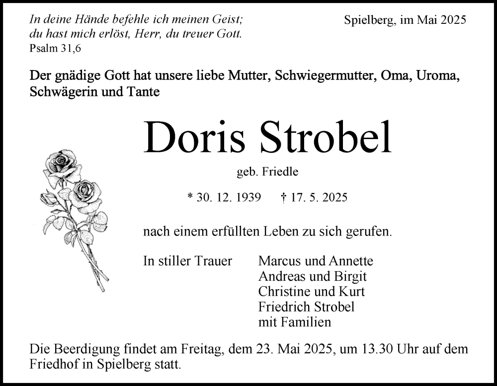  Traueranzeige für Doris Strobel vom 21.05.2025 aus Bietigheimer Zeitung
