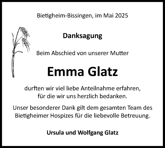 Traueranzeige von Emma Glatz von Bietigheimer Zeitung
