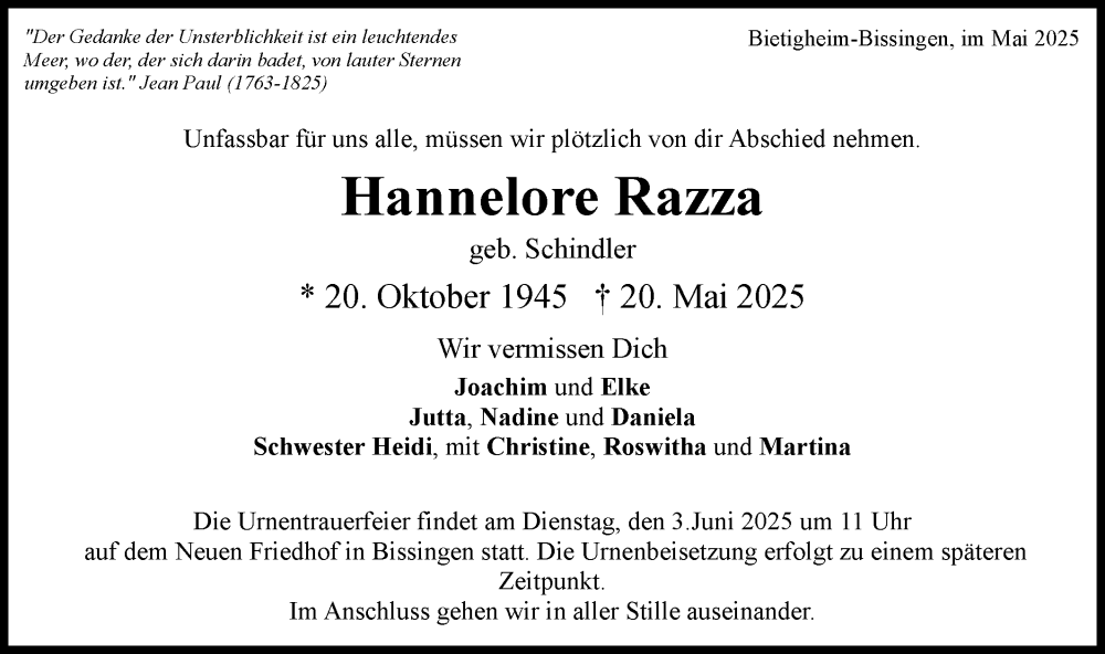  Traueranzeige für Hannelore Razza vom 31.05.2025 aus Bietigheimer Zeitung