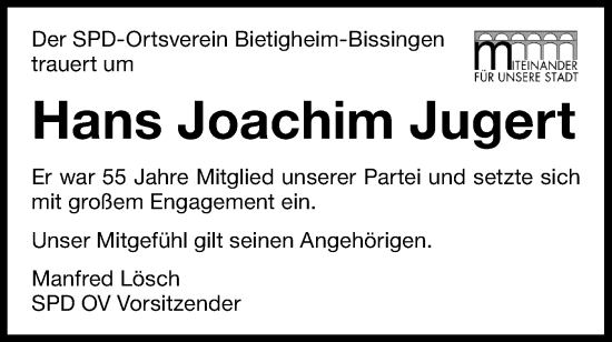 Traueranzeige von Hans Joachim Jugert von Bietigheimer Zeitung