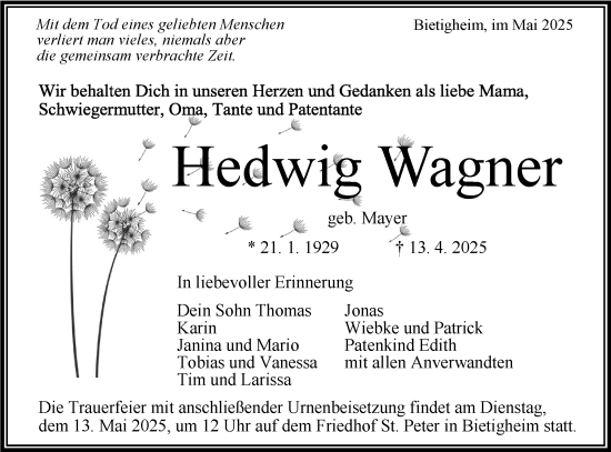 Traueranzeige von Hedwig Wagner von Bietigheimer Zeitung