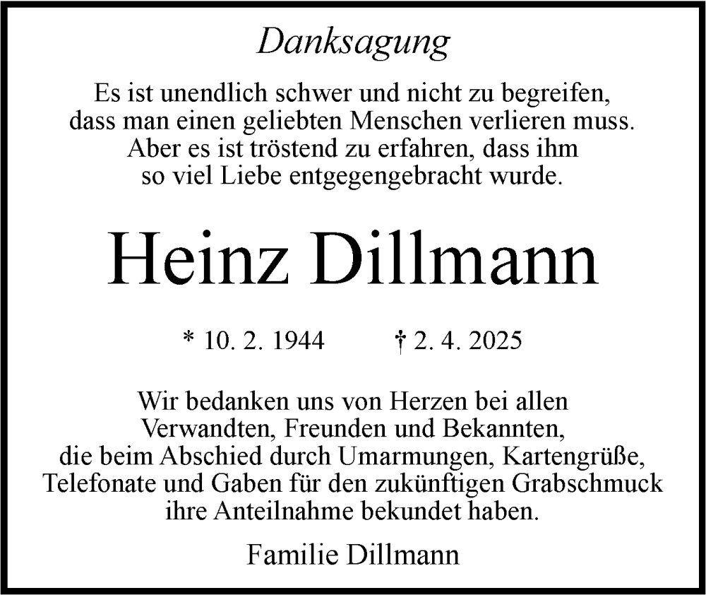  Traueranzeige für Heinz Dillmann vom 03.05.2025 aus Bietigheimer Zeitung