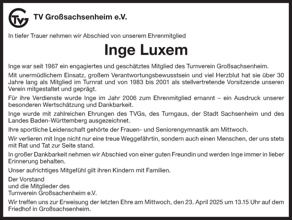  Traueranzeige für Inge Luxem vom 16.04.2025 aus Bietigheimer Zeitung