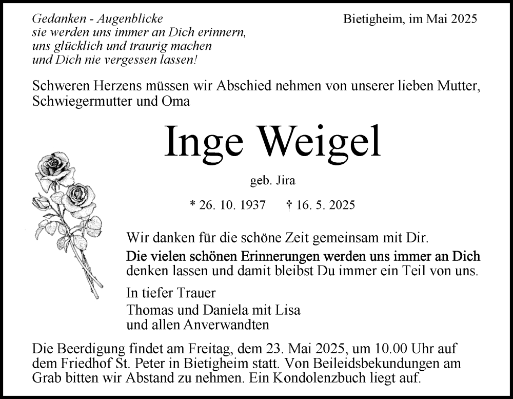  Traueranzeige für Inge Weigel vom 20.05.2025 aus Bietigheimer Zeitung