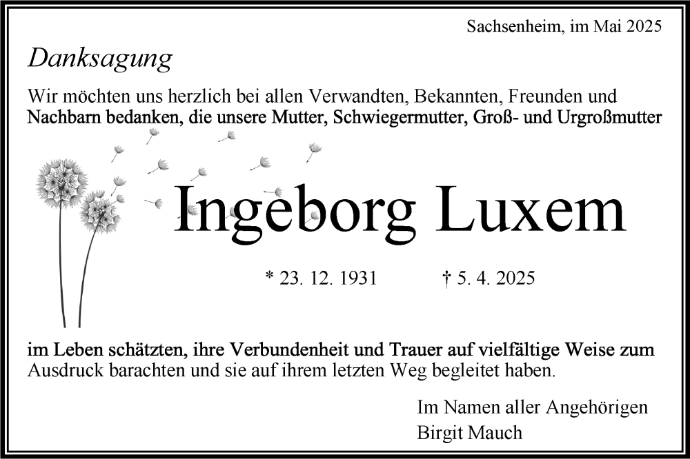  Traueranzeige für Ingeborg Luxem vom 06.05.2025 aus Bietigheimer Zeitung