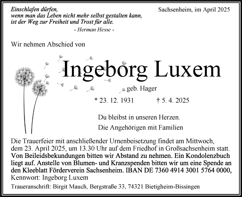  Traueranzeige für Ingeborg Luxem vom 16.04.2025 aus Bietigheimer Zeitung