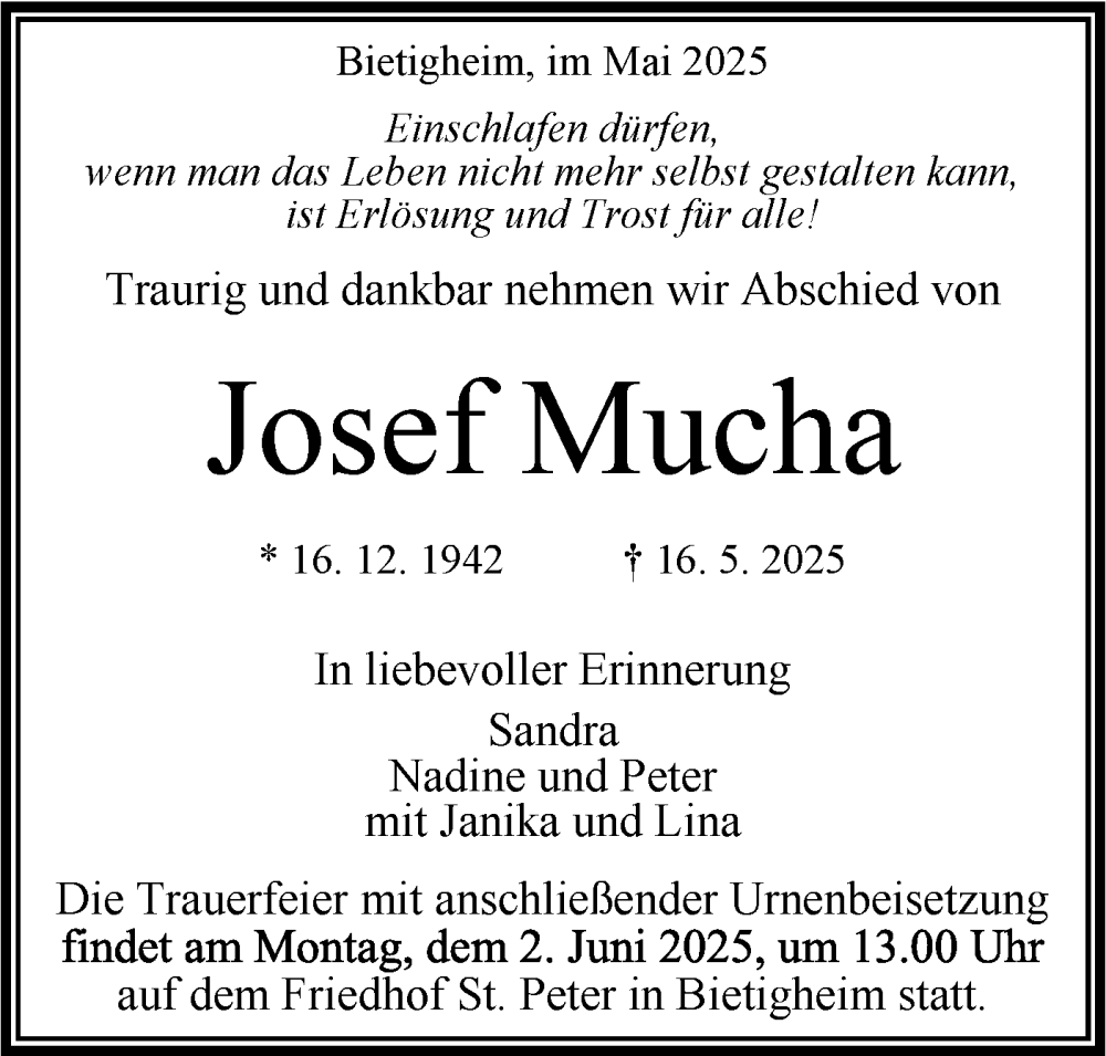  Traueranzeige für Josef Mucha vom 28.05.2025 aus Bietigheimer Zeitung