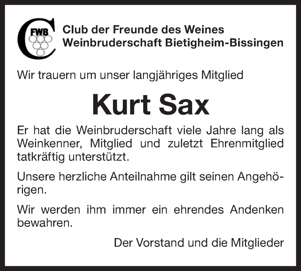  Traueranzeige für Kurt Sax vom 24.05.2025 aus Bietigheimer Zeitung