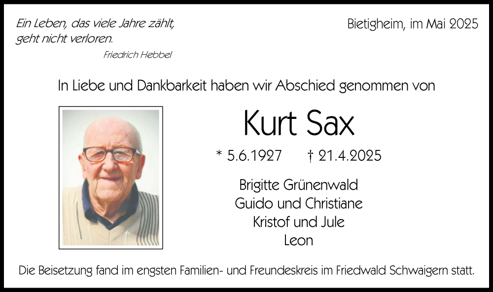  Traueranzeige für Kurt Sax vom 24.05.2025 aus Bietigheimer Zeitung