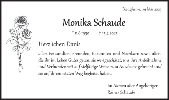 Traueranzeige von Monika Schaude von Bietigheimer Zeitung