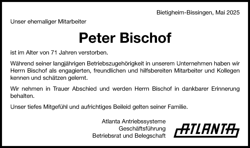  Traueranzeige für Peter Bischof vom 24.05.2025 aus Bietigheimer Zeitung