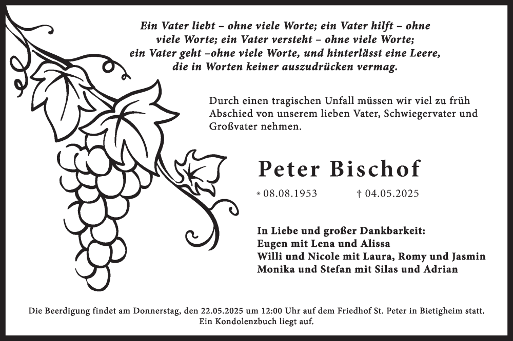  Traueranzeige für Peter Bischof vom 17.05.2025 aus Bietigheimer Zeitung