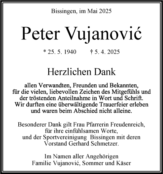 Traueranzeige von Peter Vujanovic von Bietigheimer Zeitung