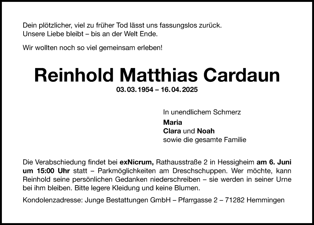  Traueranzeige für Reinhold Matthias Cardaun vom 31.05.2025 aus Bietigheimer Zeitung