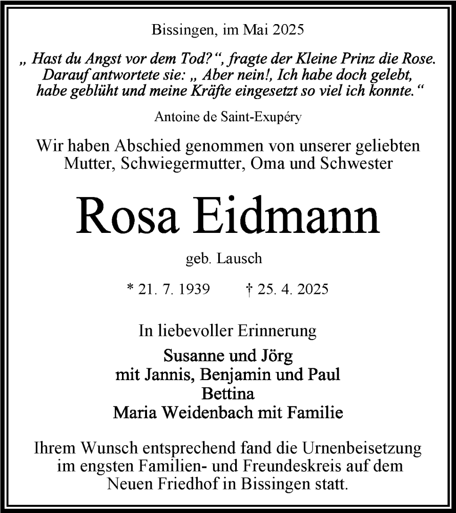  Traueranzeige für Rosa Eidmann vom 24.05.2025 aus Bietigheimer Zeitung