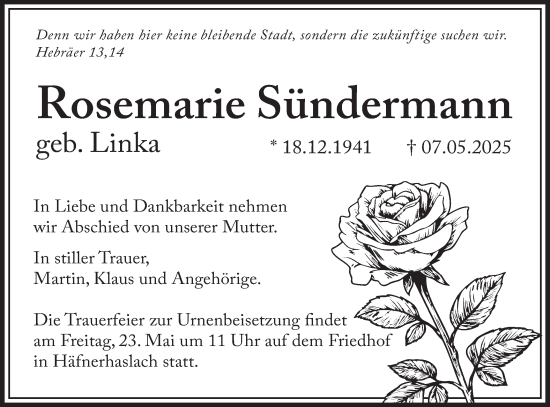 Traueranzeige von Rosemarie Sündermann von Bietigheimer Zeitung