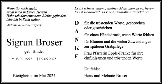 Traueranzeige von Sigrun Broser von Bietigheimer Zeitung
