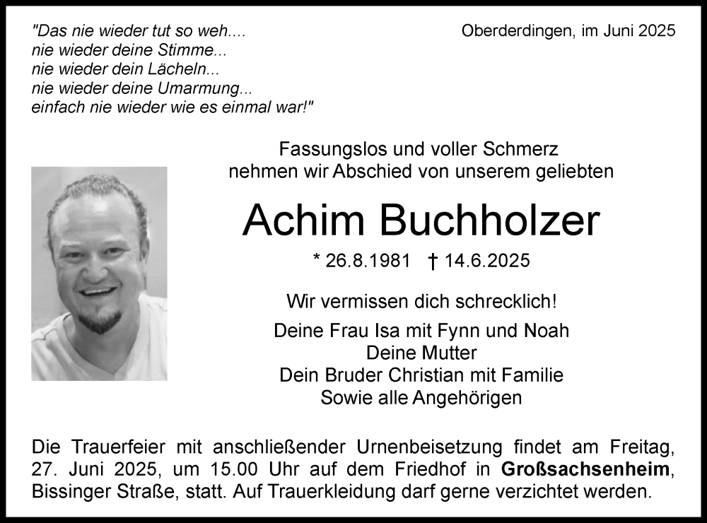  Traueranzeige für Achim Buchholzer vom 21.06.2025 aus Bietigheimer Zeitung