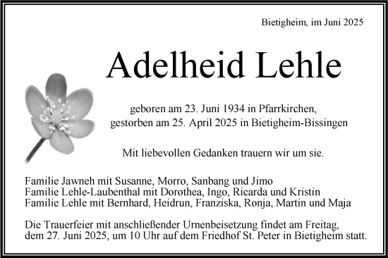 Traueranzeige von Adelheid Lehle von Bietigheimer Zeitung