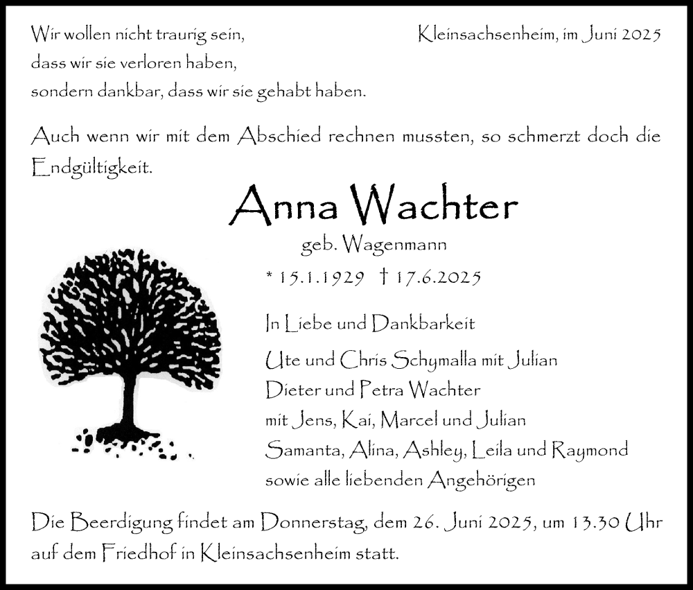 Traueranzeige für Anna Wachter vom 21.06.2025 aus Bietigheimer Zeitung