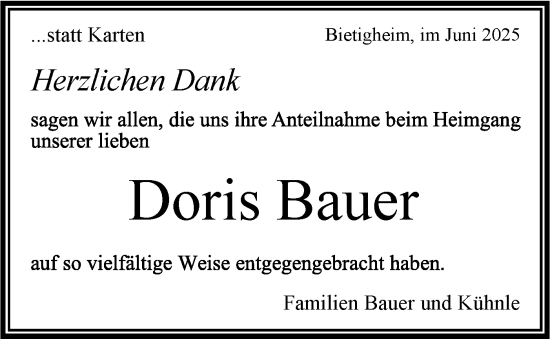 Traueranzeige von Doris Bauer von Bietigheimer Zeitung