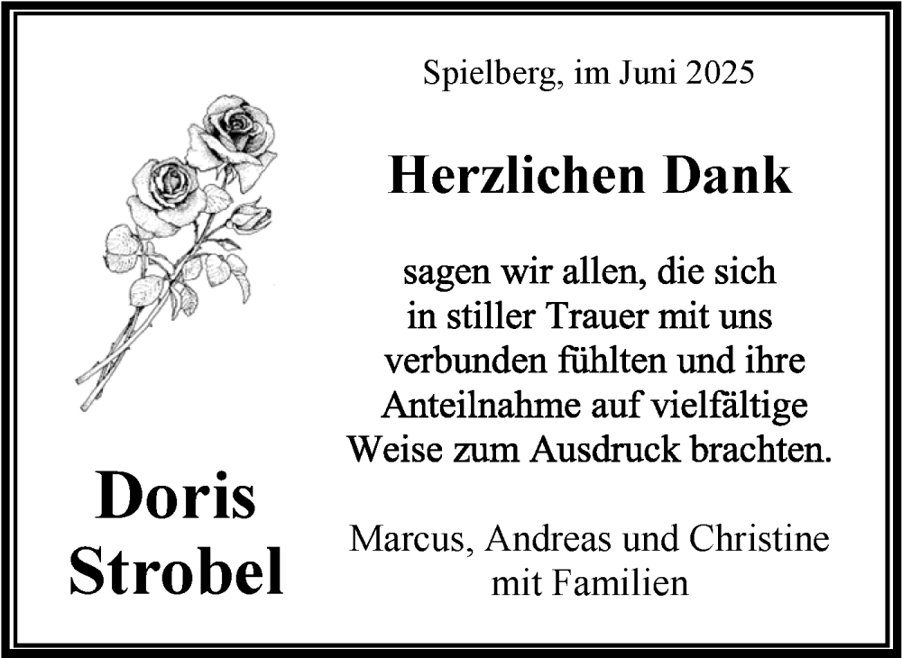  Traueranzeige für Doris Strobel vom 07.06.2025 aus Bietigheimer Zeitung