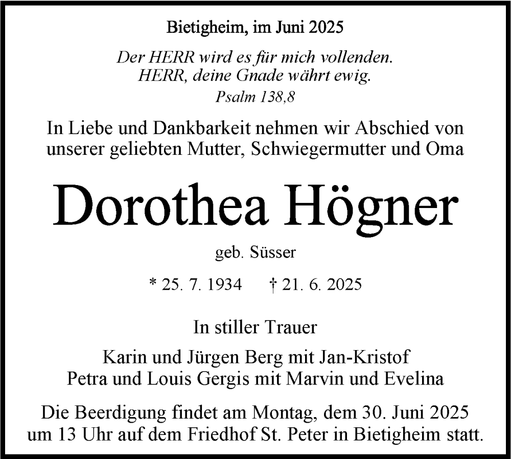  Traueranzeige für Dorothea Högner vom 26.06.2025 aus Bietigheimer Zeitung