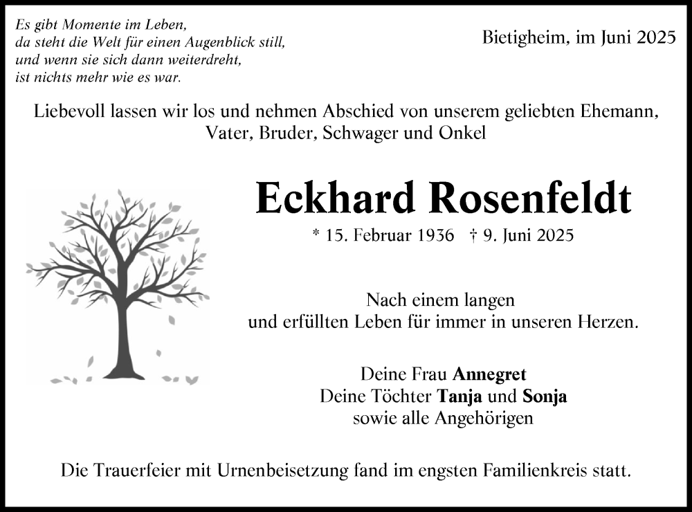  Traueranzeige für Eckhard Rosenfeldt vom 28.06.2025 aus Bietigheimer Zeitung