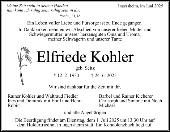 Traueranzeige von Elfriede Kohler von Bietigheimer Zeitung