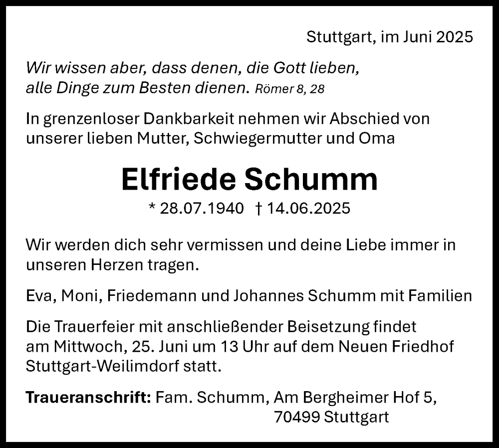  Traueranzeige für Elfriede Schumm vom 21.06.2025 aus Bietigheimer Zeitung