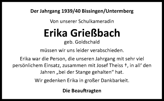 Traueranzeige von Erika Grießbach von Bietigheimer Zeitung