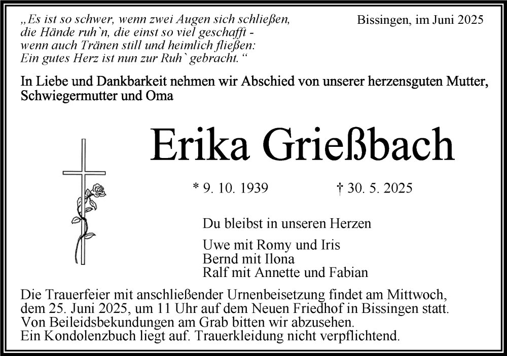 Traueranzeige für Erika Grießbach vom 21.06.2025 aus Bietigheimer Zeitung