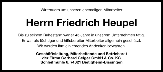 Traueranzeige von Friedrich Heupel von Bietigheimer Zeitung