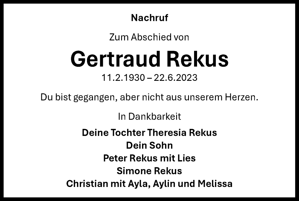  Traueranzeige für Gertraud Rekus vom 21.06.2025 aus Bietigheimer Zeitung