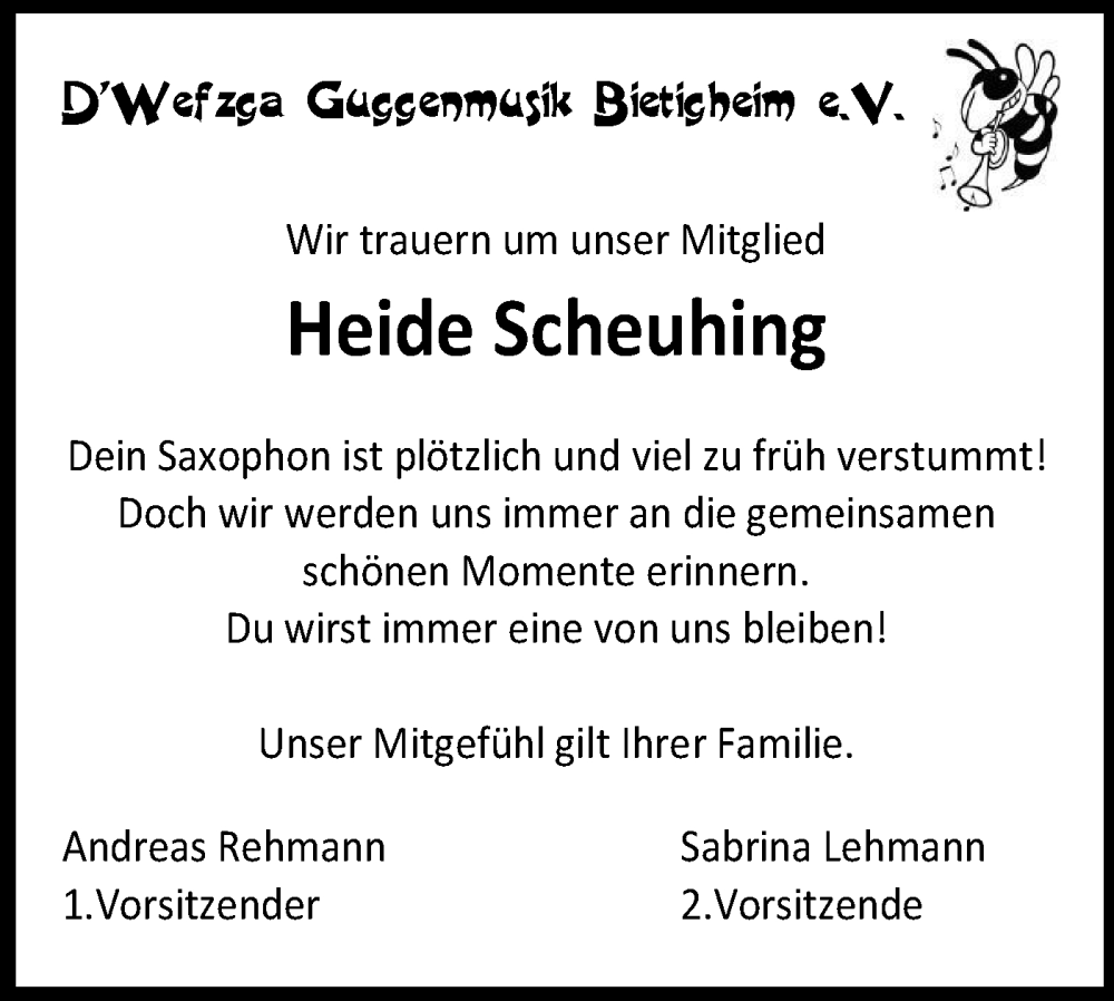  Traueranzeige für Heide Scheuhing vom 14.06.2025 aus Bietigheimer Zeitung