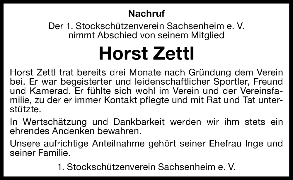  Traueranzeige für Horst Zettl vom 14.06.2025 aus Bietigheimer Zeitung