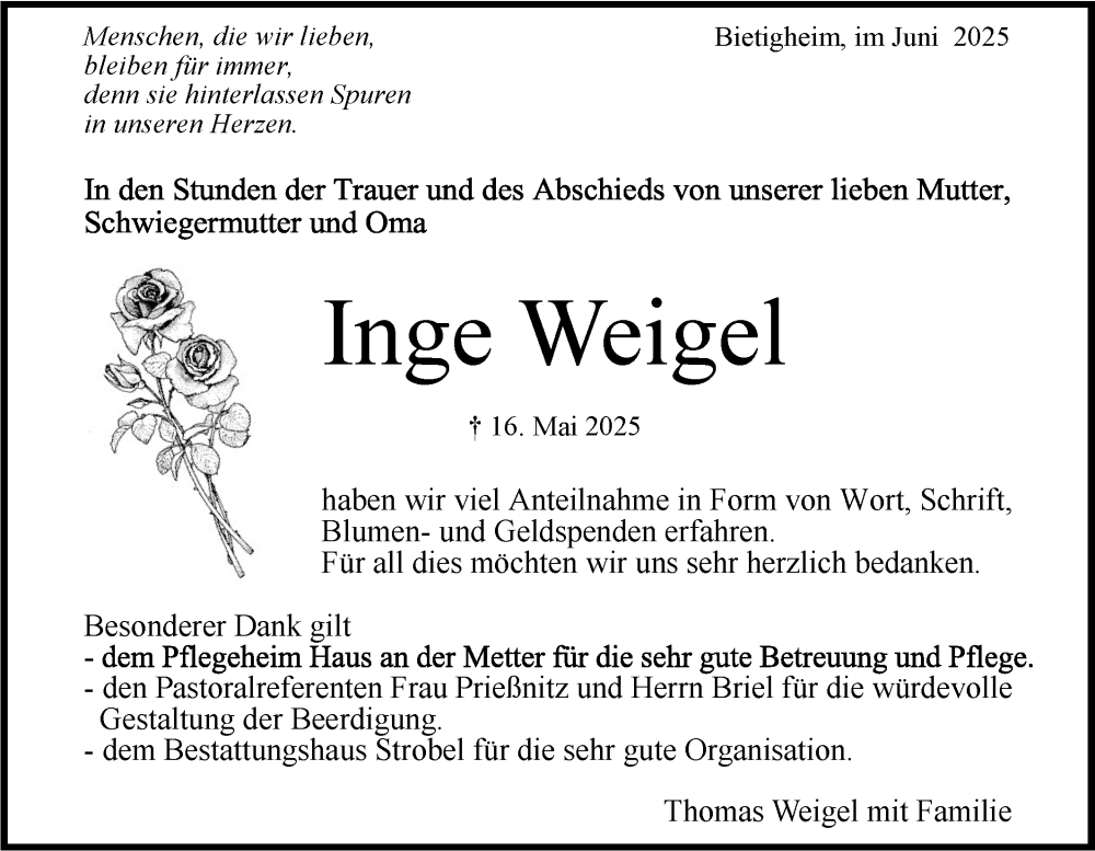  Traueranzeige für Inge Weigel vom 07.06.2025 aus Bietigheimer Zeitung