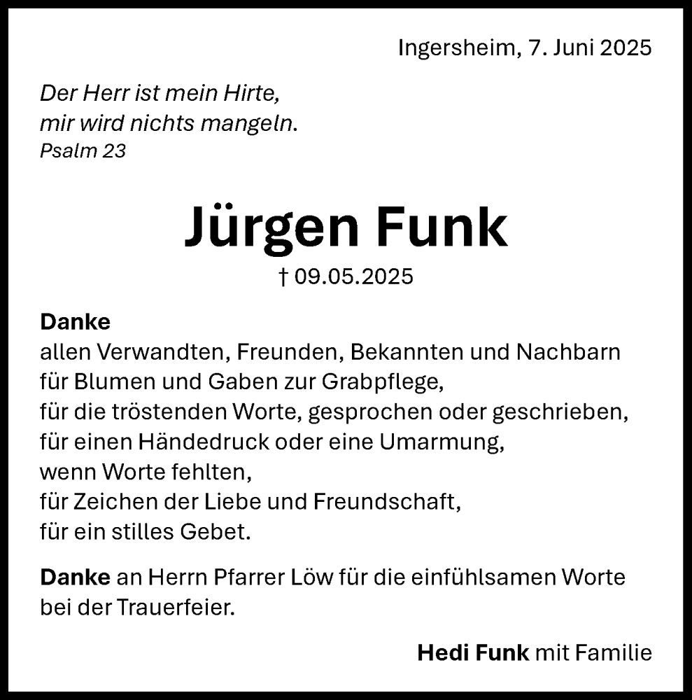 Traueranzeige für Jürgen Funk vom 07.06.2025 aus Bietigheimer Zeitung