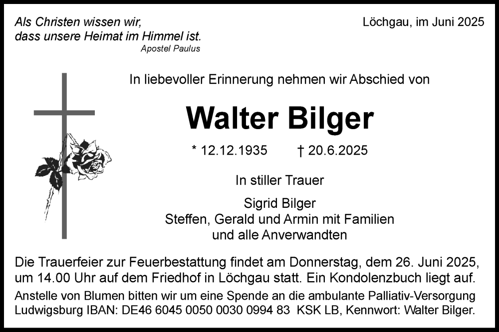  Traueranzeige für Walter Bilger vom 24.06.2025 aus Bietigheimer Zeitung