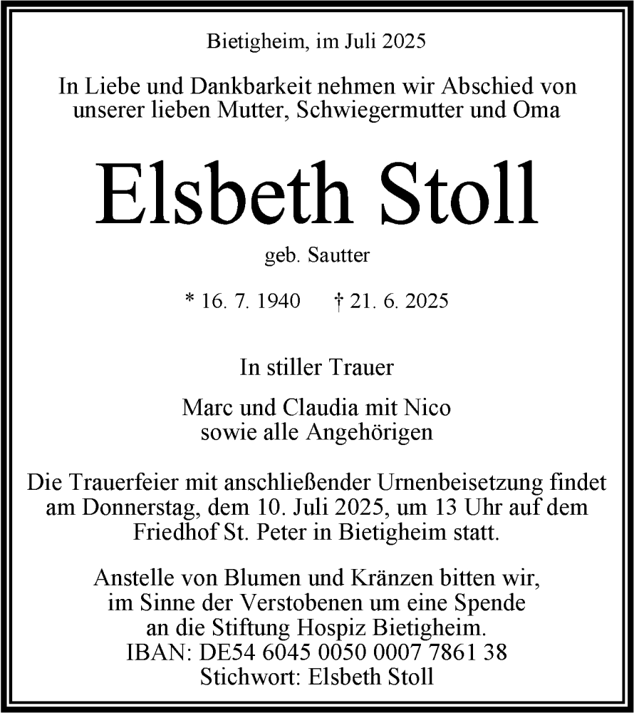  Traueranzeige für Elsbeth Stoll vom 03.07.2025 aus Bietigheimer Zeitung
