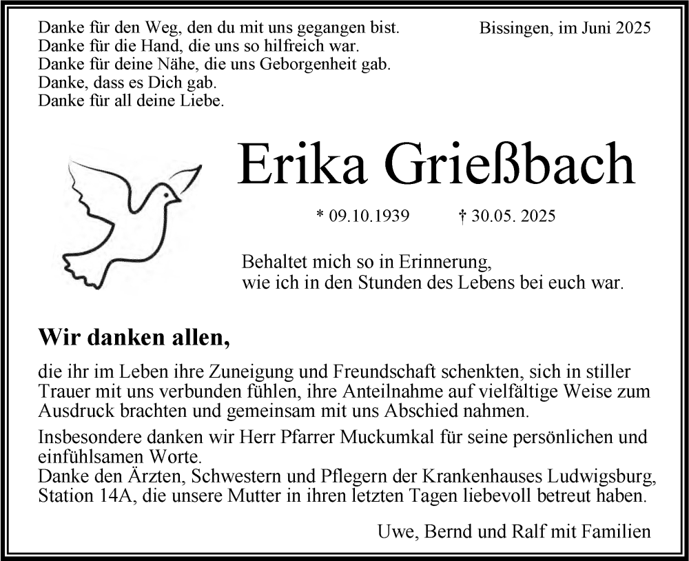 Traueranzeige für Erika Grießbach vom 05.07.2025 aus Bietigheimer Zeitung